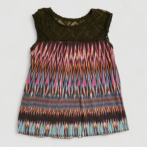 WESTON Sleeveless Top Small – Lace Yoke, Colorful Chevron Print, Made in USA